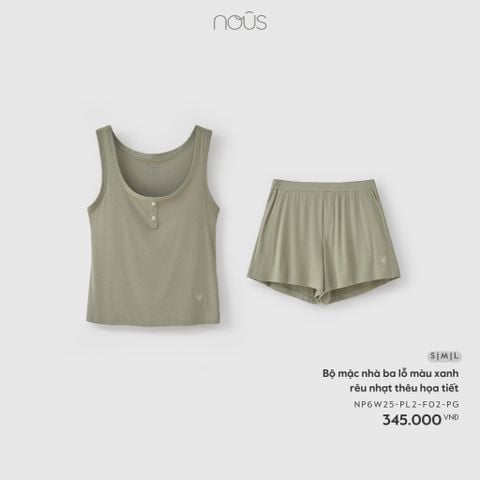  Bộ mặc nhà ba lỗ màu xanh rêu nhạt thêu họa tiết 