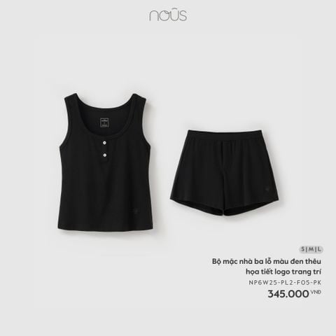  Bộ mặc nhà ba lỗ màu đen thêu họa tiết logo trang trí 