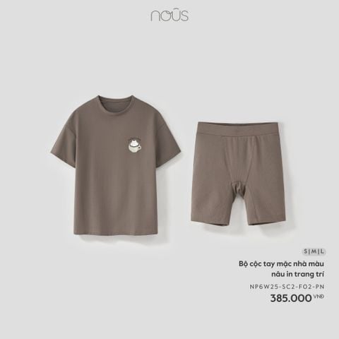  Bộ cộc tay mặc nhà màu nâu in trang trí 