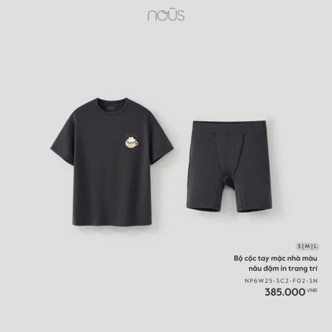  Bộ cộc tay mặc nhà màu nâu đậm in trang trí 