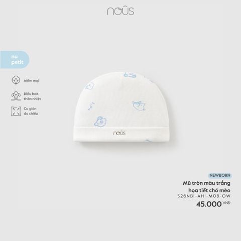  Mũ tròn màu trắng họa tiết chó mèo 