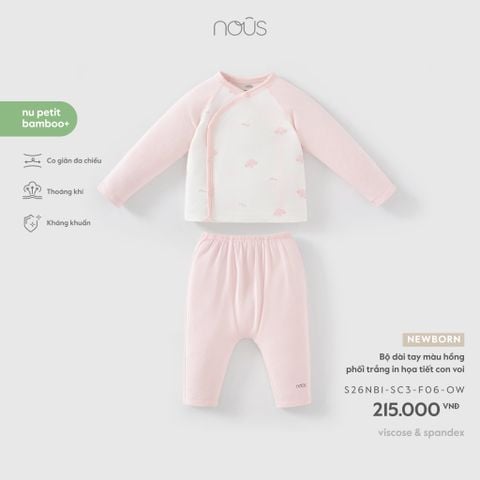  Bộ dài tay màu hồng phối trắng in họa tiết con voi NB F06 
