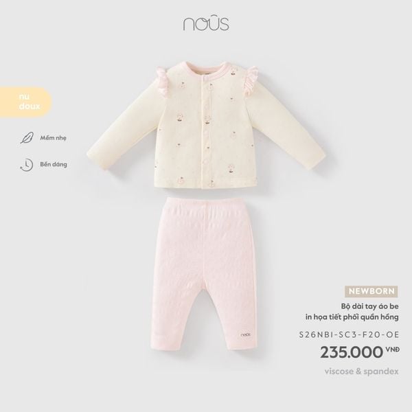 Bộ dài tay áo be in họa tiết phối quần hồng NB F20 