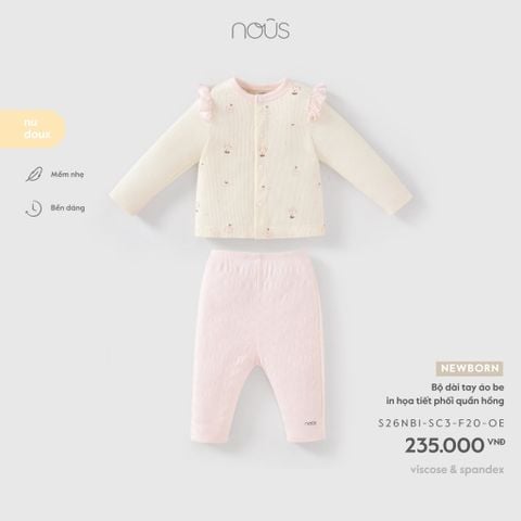  Bộ dài tay áo be in họa tiết phối quần hồng NB F20 