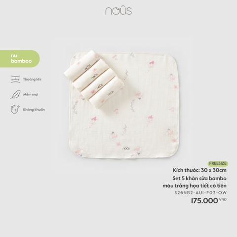  Set 5 khăn sữa bamboo màu trắng họa tiết cô tiên 