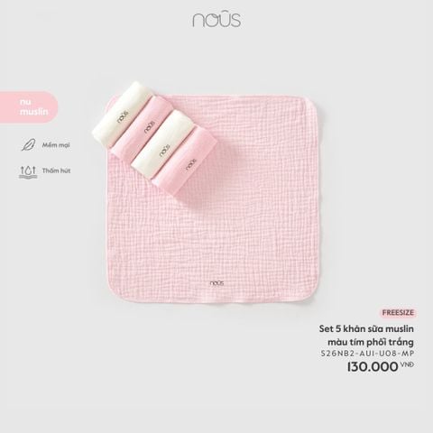  Set 5 khăn sữa muslin màu tím phối trắng 