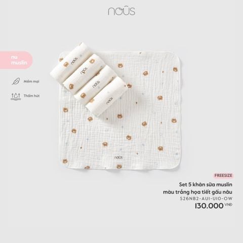  Set 5 khăn sữa muslin màu trắng họa tiết gấu nâu 