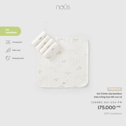 Set 5 khăn sữa bamboo màu trắng họa tiết con cá 