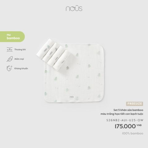  Set 5 khăn sữa bamboo màu trắng họa tiết con bạch 