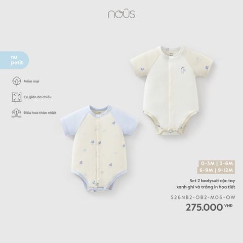  Set 2 bodysuit cộc tay xanh ghi và trắng in họa tiết 