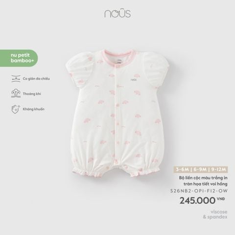  Bộ liền cộc màu trắng in tràn họa tiết voi hồng 