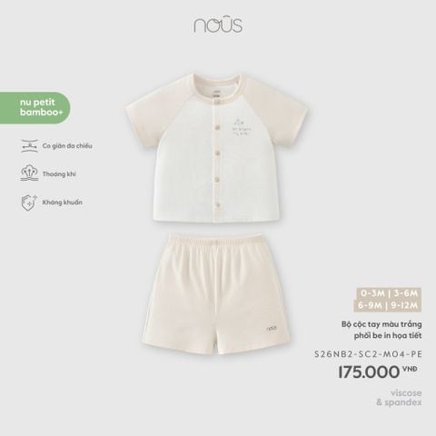 Bộ cộc tay màu trắng phối be in họa tiết 