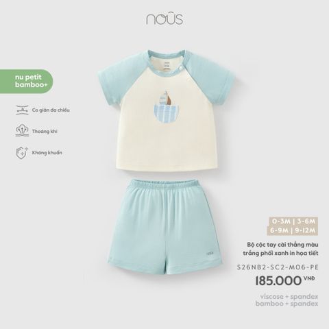  Bộ cộc tay cài thẳng màu trắng phối xanh in họa tiết 