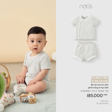  Bộ cộc tay áo xám phối trắng in họa tiết M08 