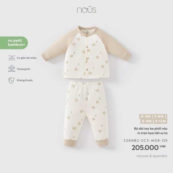  Bộ dài tay be phối nâu in tràn họa tiết sư tử M08 