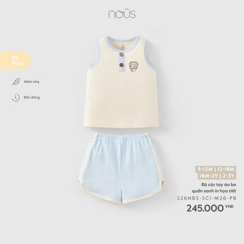  Bộ cộc tay áo be quần xanh in họa tiết 