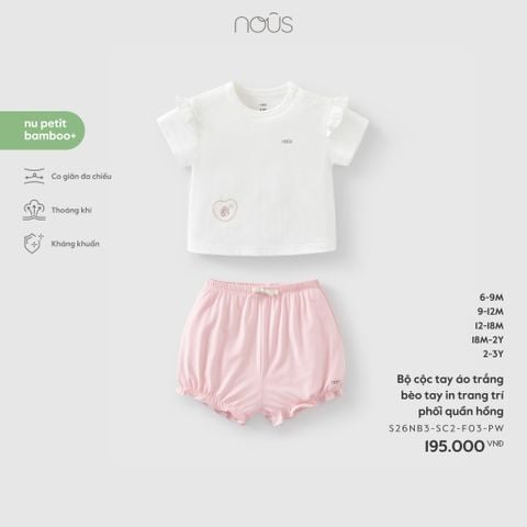  Bộ cộc tay áo trắng bèo tay in trang trí phối quần hồng 