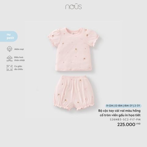  Bộ cộc tay cài vai màu hồng cổ tròn viền gấu in họa tiết 