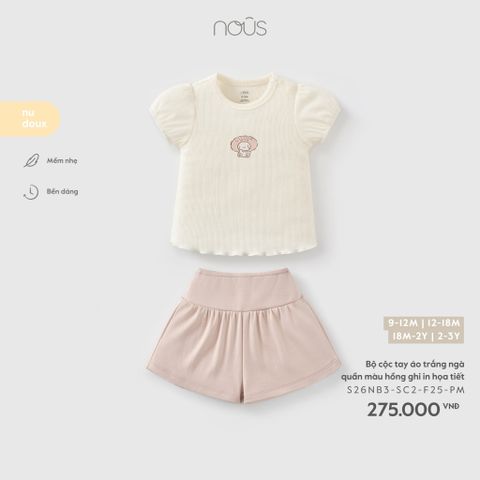  Bộ cộc tay áo trắng ngà quần màu hồng ghi in họa tiết 