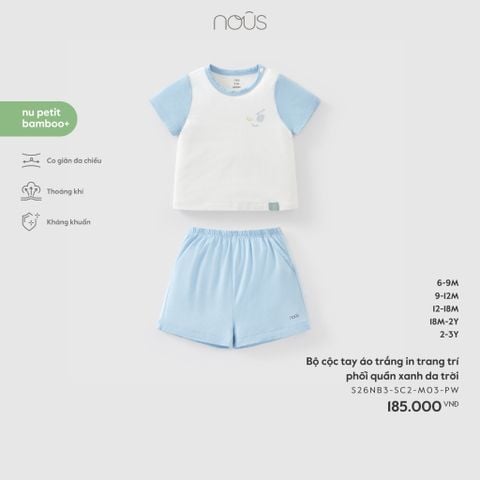  Bộ cộc tay áo trắng in trang trí phối quần xanh da trời 