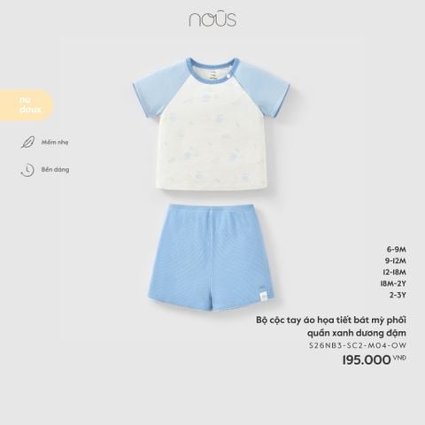  Bộ cộc tay áo họa tiết bát mỳ phối quần xanh dương đậm 