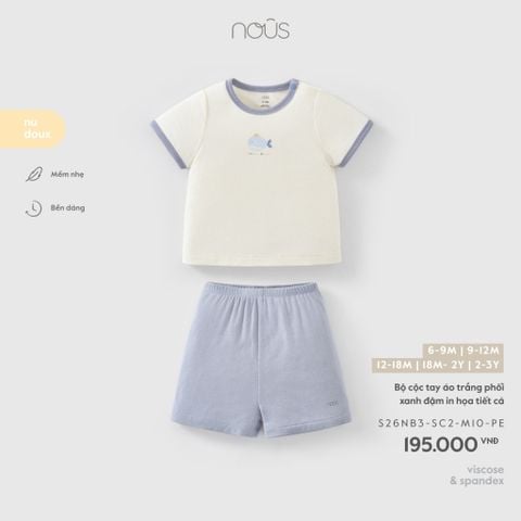 Bộ cộc tay áo trắng phối xanh đậm in họa tiết cá 