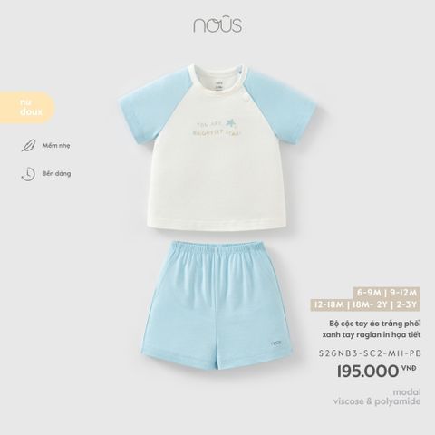  Bộ cộc tay áo trắng phối xanh tay raglan in họa tiết 