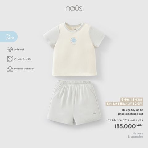  Bộ cộc tay áo be phối xám in họa tiết 
