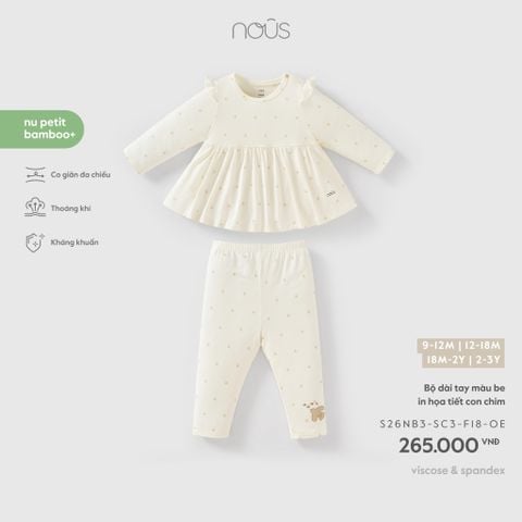  Bộ dài tay màu be in họa tiết con chim F18 