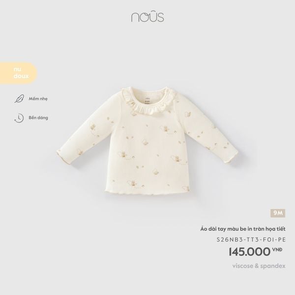  Áo dài tay màu be in tràn họa tiết F01 