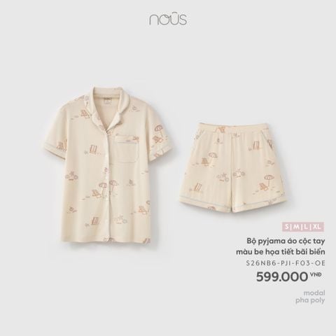  Bộ pyjama áo cộc tay màu  be họa tiết bãi biển 