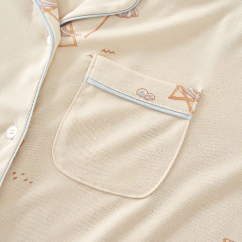  Bộ pyjama áo cộc tay màu  be họa tiết bãi biển 