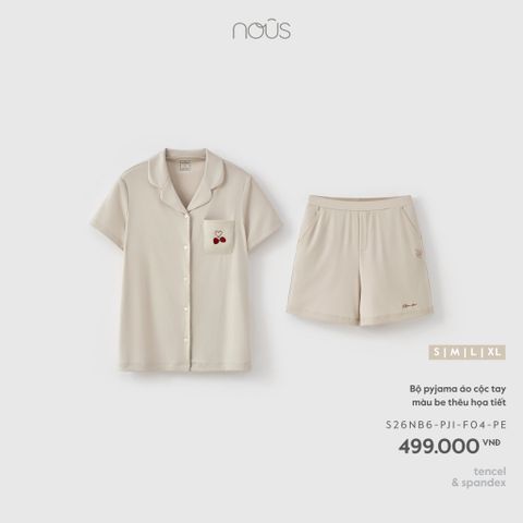  Bộ pyjama áo cộc tay màu be thêu họa tiết F04 