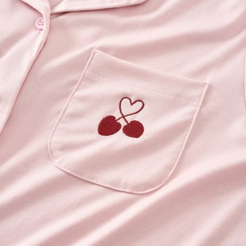  Bộ pyjama áo cộc tay màu hồng đất thêu họa tiết F04 