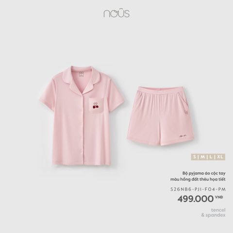  Bộ pyjama áo cộc tay màu hồng đất thêu họa tiết F04 