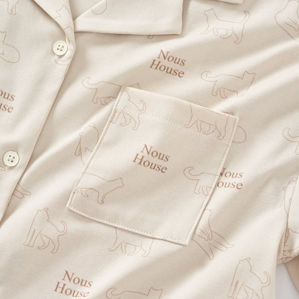  Bộ pyjama cộc tay màu xanh be họa tiết mèo 