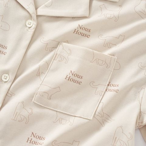  Bộ pyjama cộc tay màu xanh be họa tiết mèo 
