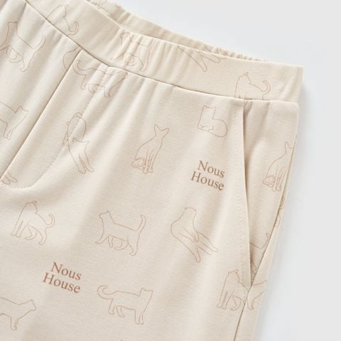  Bộ pyjama cộc tay màu xanh be họa tiết mèo 