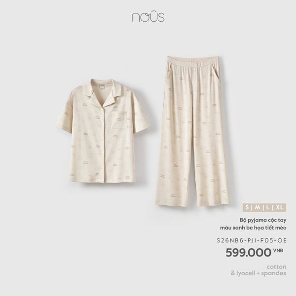  Bộ pyjama cộc tay màu xanh be họa tiết mèo 