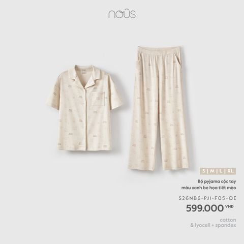  Bộ pyjama cộc tay màu xanh be họa tiết mèo 