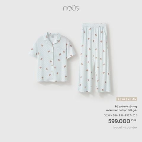  Bộ pyjama cộc tay màu xanh be họa tiết gấu 