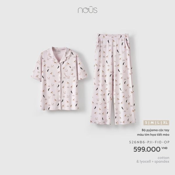  Bộ pyjama cộc tay màu tím họa tiết mèo 