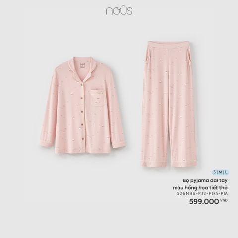  Bộ pyjama dài tay màu hồng họa tiết thỏ 