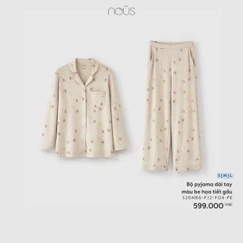  Bộ pyjama dài tay màu be họa tiết gấu 