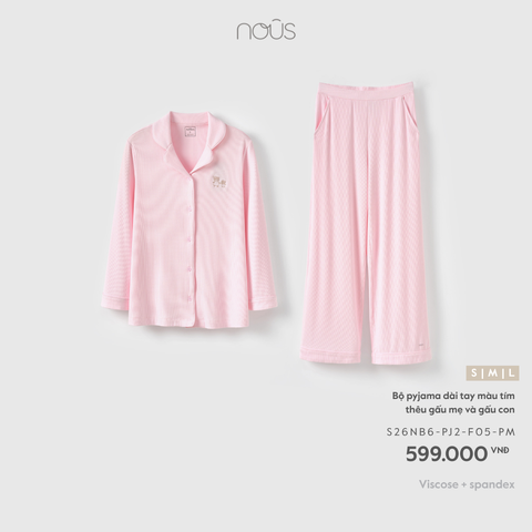  Bộ pyjama dài tay màu tím thêu gấu mẹ và gấu con F05 