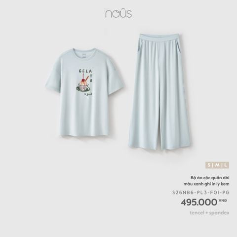  Bộ áo cộc quần dài màu xanh ghi in ly kem 