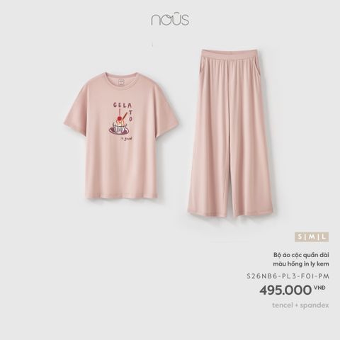  Bộ áo cộc quần dài màu hồng in ly kem 