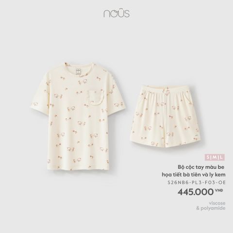  Bộ cộc tay màu be họa tiết bà tiên và ly kem 