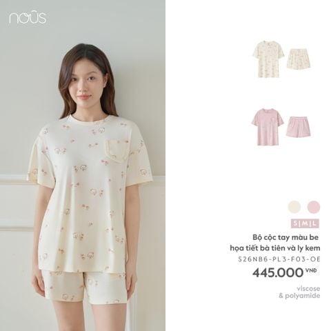  Bộ cộc tay màu be họa tiết bà tiên và ly kem 