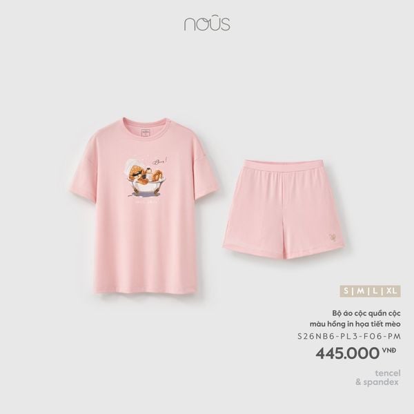  Bộ áo cộc quần cộc màu hồng in họa tiết mèo 